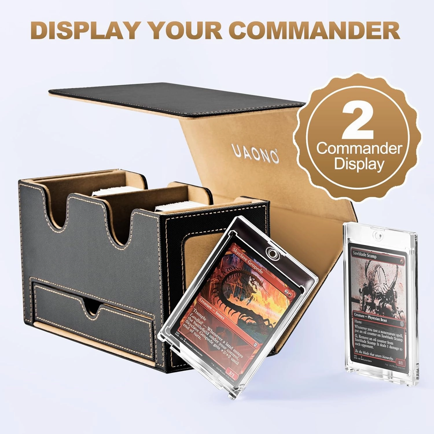 MTG Deck Box with 2 Commander Display and Dice Tray-Patented Design, Double Deck Box for 280  Single Sleeved Cards, Leather Magnetic Card Storage Box Fits for TCG CCG Magic Cards (Black&Khaki)