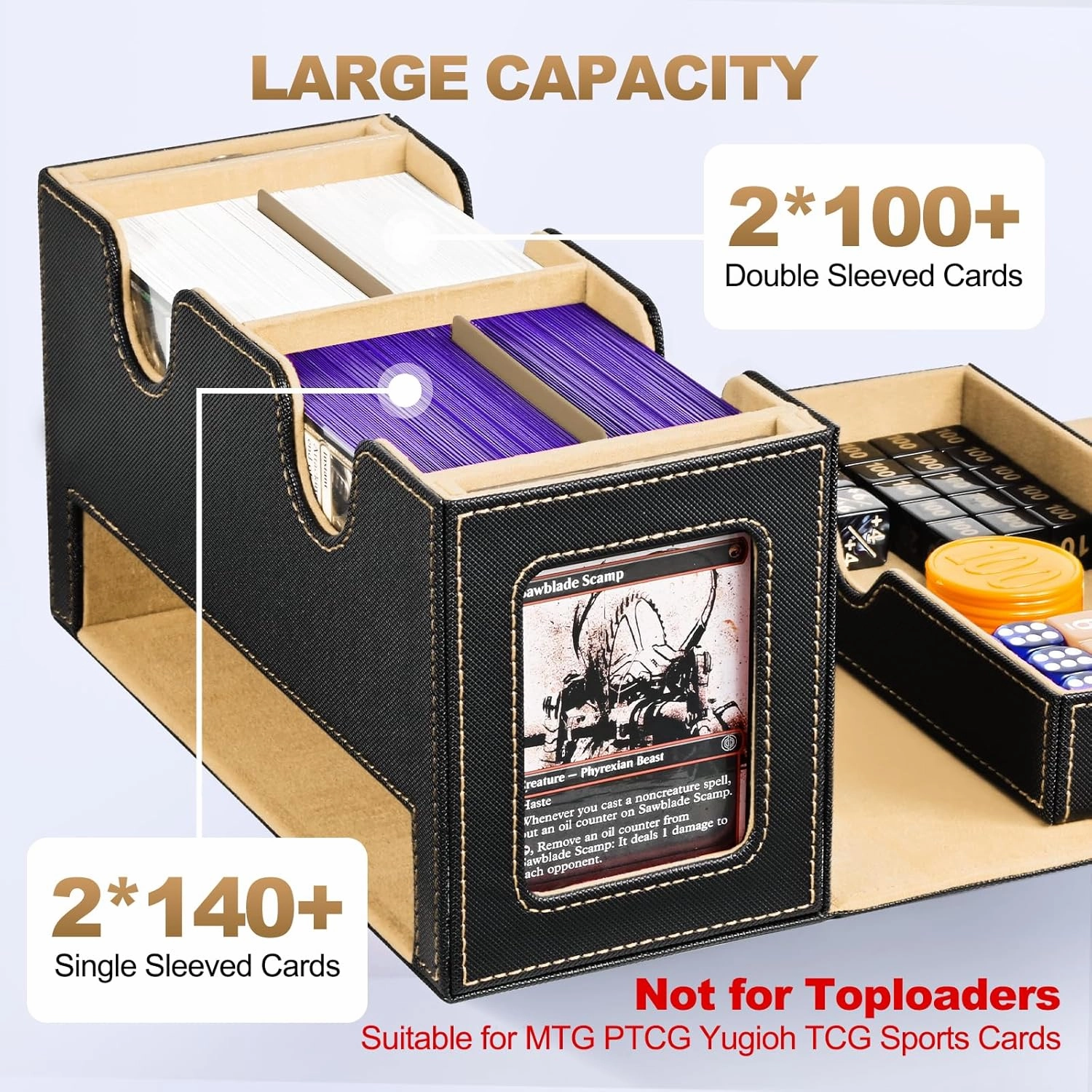 MTG Deck Box with 2 Commander Display and Dice Tray-Patented Design, Double Deck Box for 280  Single Sleeved Cards, Leather Magnetic Card Storage Box Fits for TCG CCG Magic Cards (Black&Khaki)