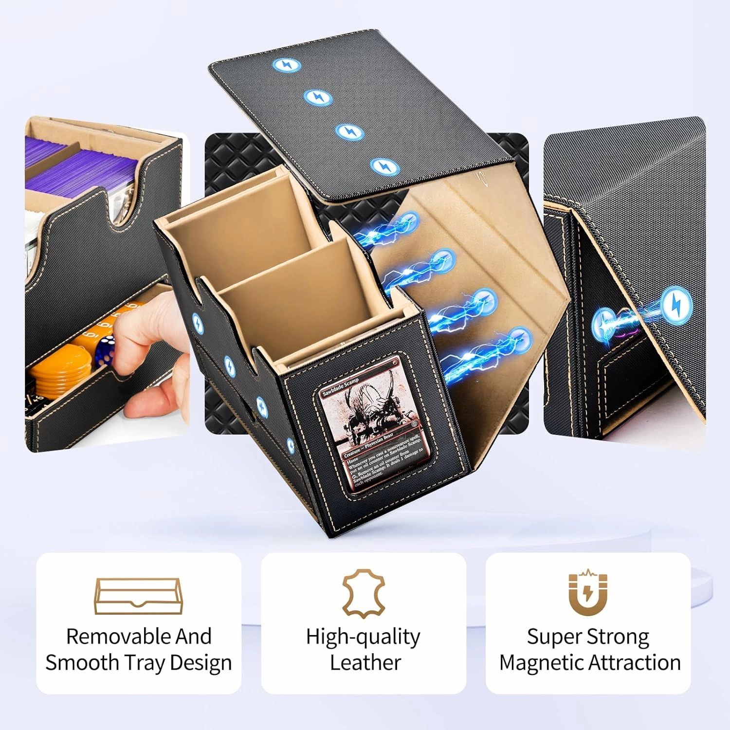 MTG Deck Box with 2 Commander Display and Dice Tray-Patented Design, Double Deck Box for 280  Single Sleeved Cards, Leather Magnetic Card Storage Box Fits for TCG CCG Magic Cards (Black&Khaki)