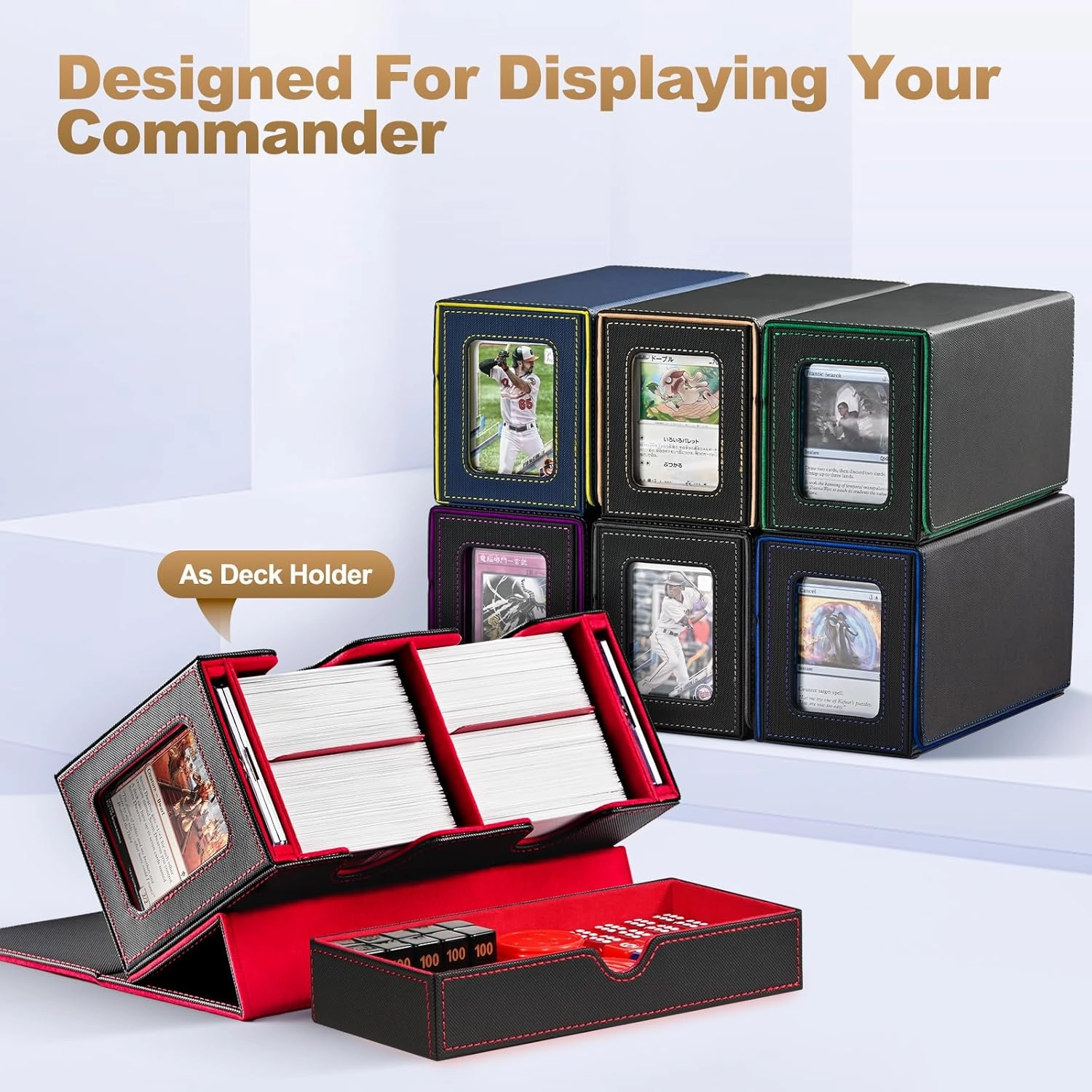 MTG Deck Box with 2 Commander Display and Dice Tray-Patented Design, Double Deck Box for 280  Single Sleeved Cards, Leather Magnetic Card Storage Box Fits for TCG CCG Magic Cards (Black&Khaki)