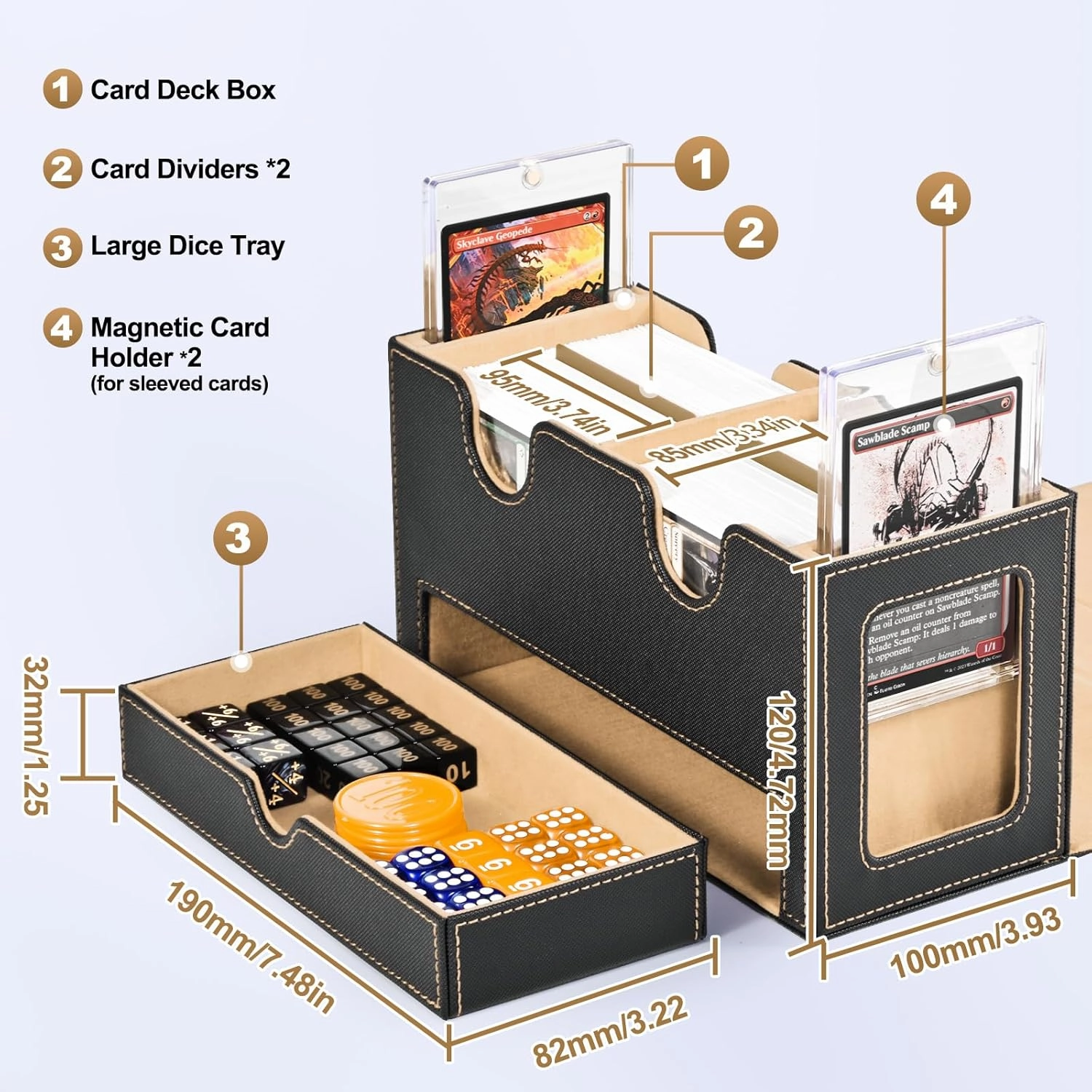 MTG Deck Box with 2 Commander Display and Dice Tray-Patented Design, Double Deck Box for 280  Single Sleeved Cards, Leather Magnetic Card Storage Box Fits for TCG CCG Magic Cards (Black&Khaki)
