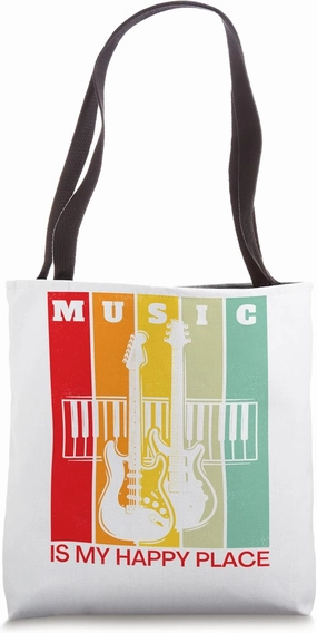 Music is My Happy Place Music Lover Guitar Keyboards Piano Tote Bag