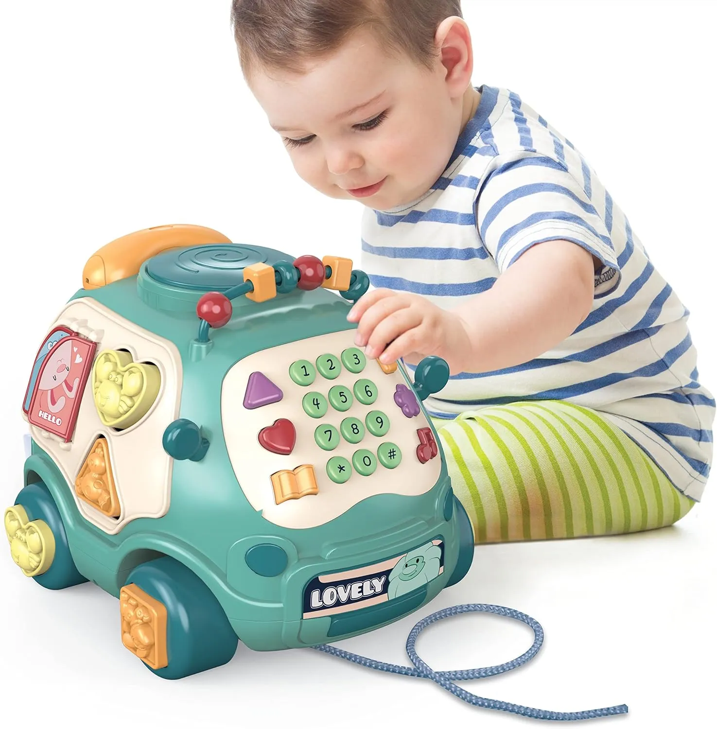 Musical Baby Bus Toys with Sound Effects, and Early Learning Activities for Toddlers 18 Months  , Fun and Interactive Play with Music, Sounds, Telephone, Drum, Shapes and Colors, Green