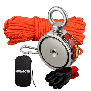 MUTUACTOR Two-Sided Fishing Magnet Kit,350lbsX2 Vertical Fishing Magnets Heavy Duty,Dia.2.36''Permanent Neodymium Rare Earth Magnet with 65Ft Salvage Rope Sturdy Gloves Bag for Recovery Treasures