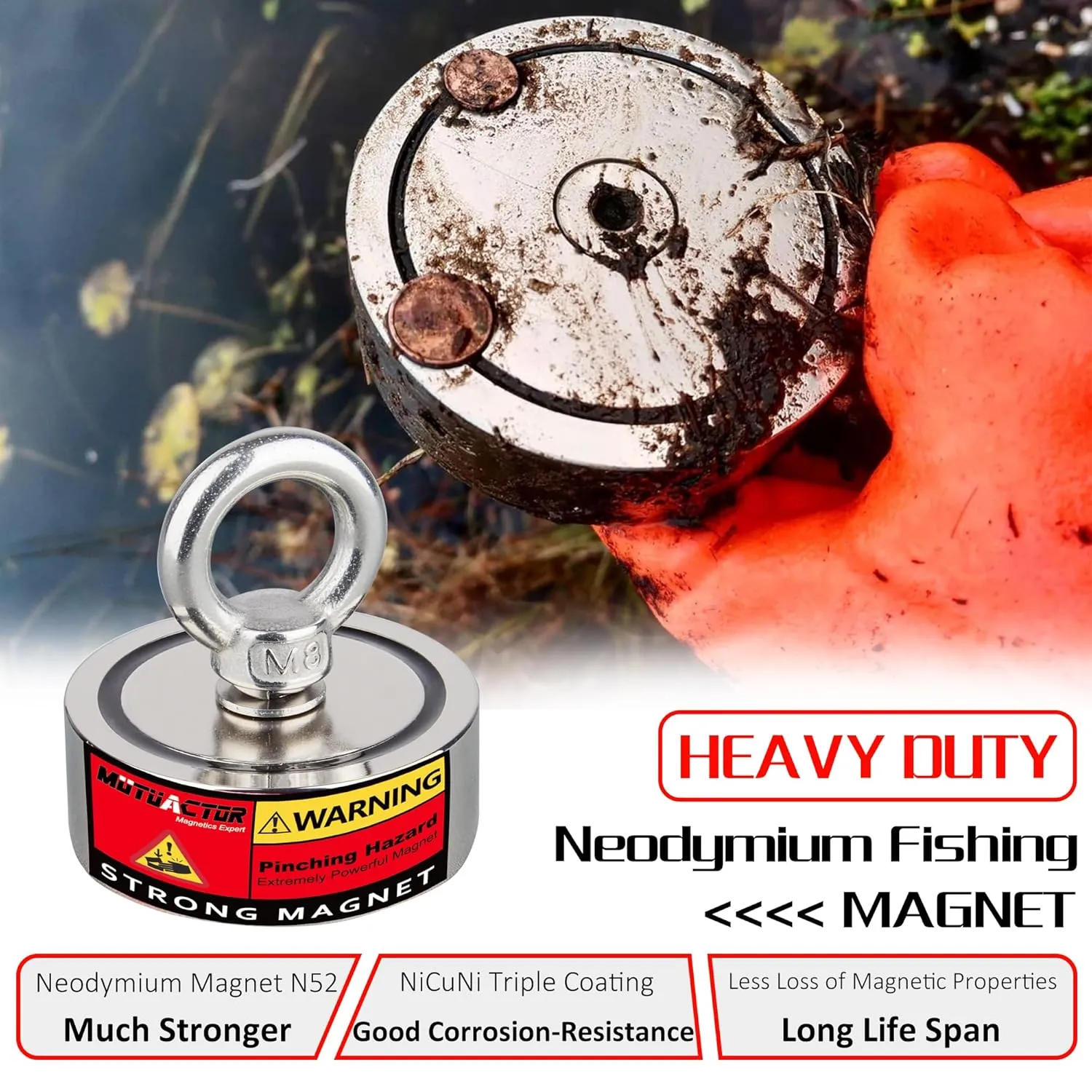 MUTUACTOR Two-Sided Fishing Magnet Kit,350lbsX2 Vertical Fishing Magnets Heavy Duty,Dia.2.36''Permanent Neodymium Rare Earth Magnet with 65Ft Salvage Rope Sturdy Gloves Bag for Recovery Treasures