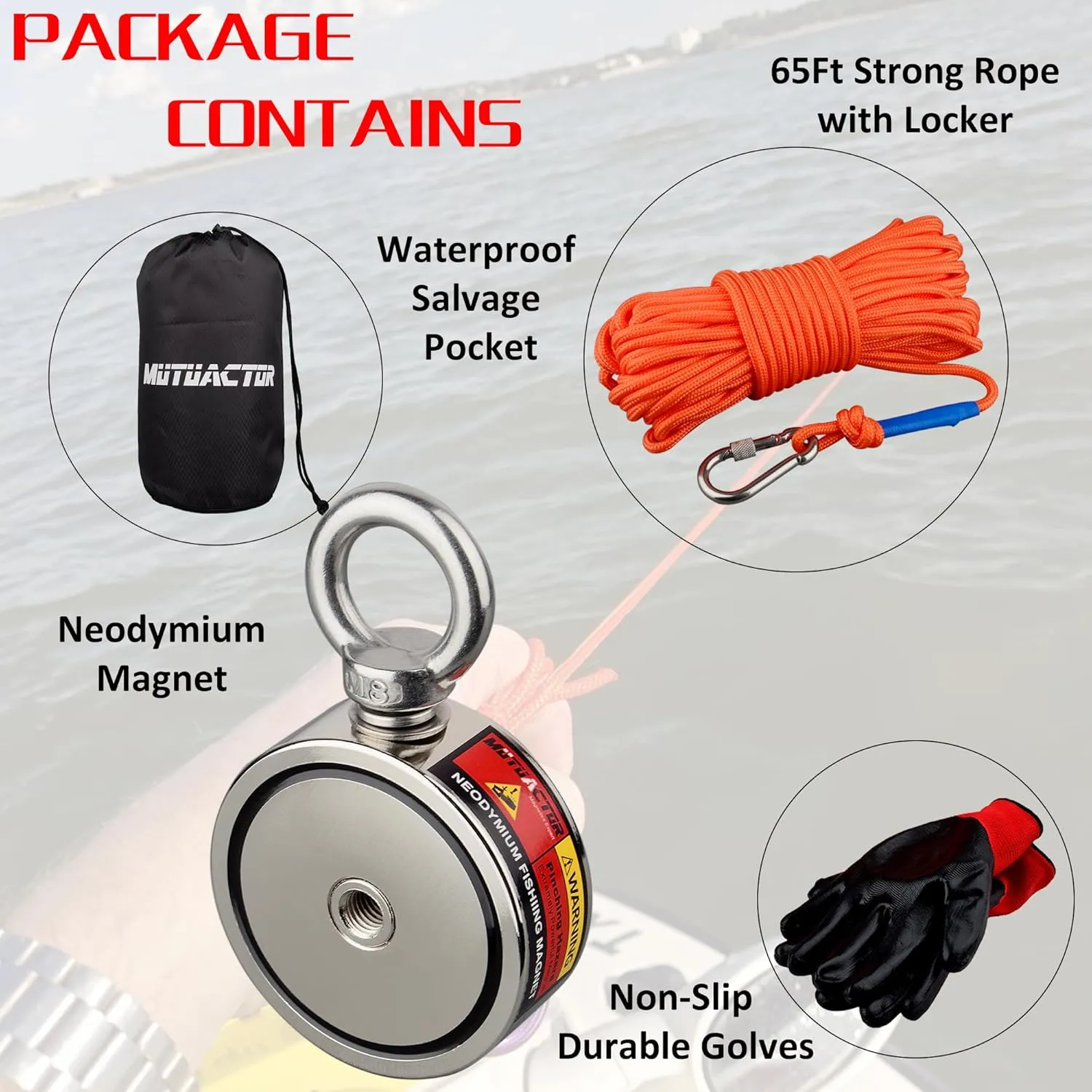 MUTUACTOR Two-Sided Fishing Magnet Kit,350lbsX2 Vertical Fishing Magnets Heavy Duty,Dia.2.36''Permanent Neodymium Rare Earth Magnet with 65Ft Salvage Rope Sturdy Gloves Bag for Recovery Treasures