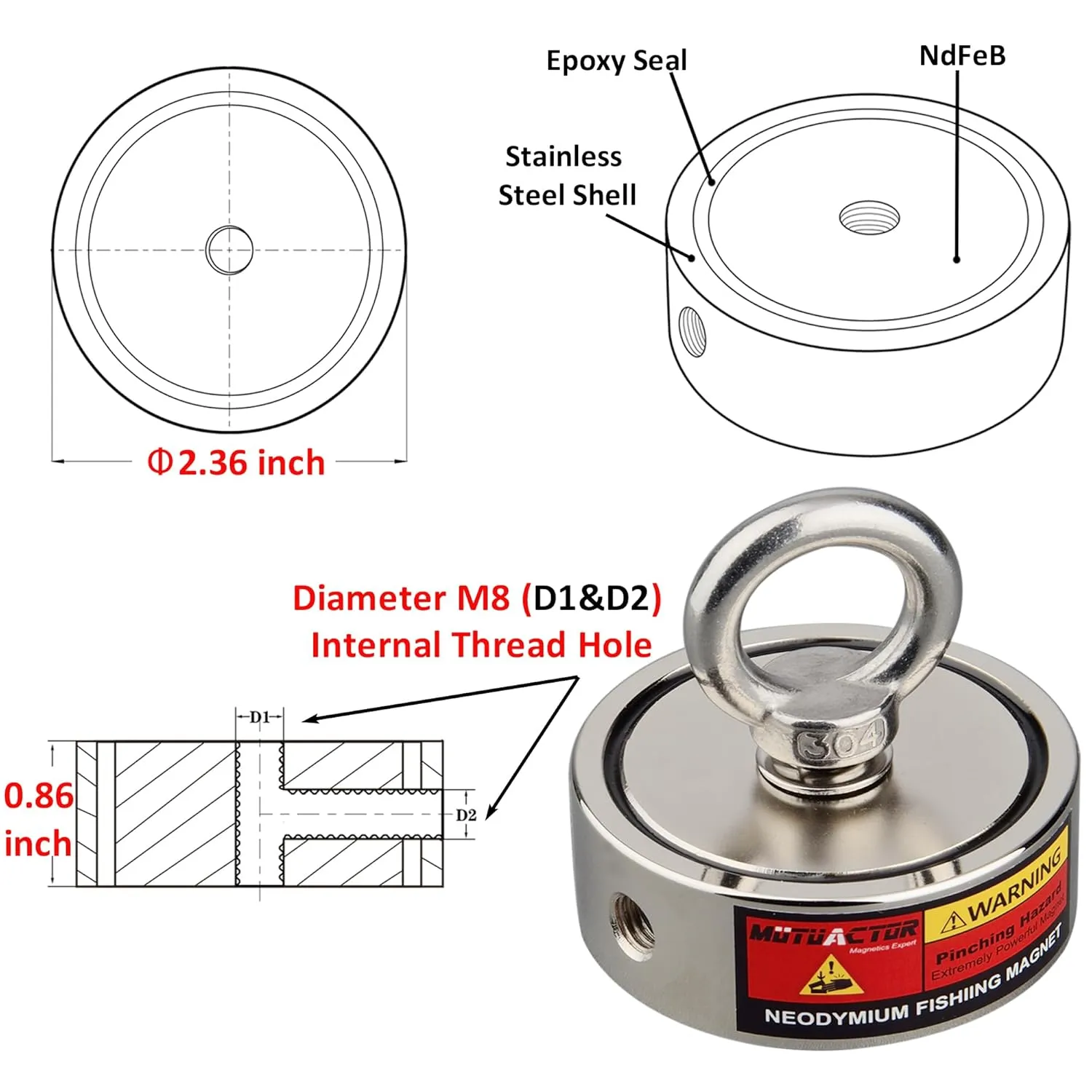MUTUACTOR Two-Sided Fishing Magnet Kit,350lbsX2 Vertical Fishing Magnets Heavy Duty,Dia.2.36''Permanent Neodymium Rare Earth Magnet with 65Ft Salvage Rope Sturdy Gloves Bag for Recovery Treasures