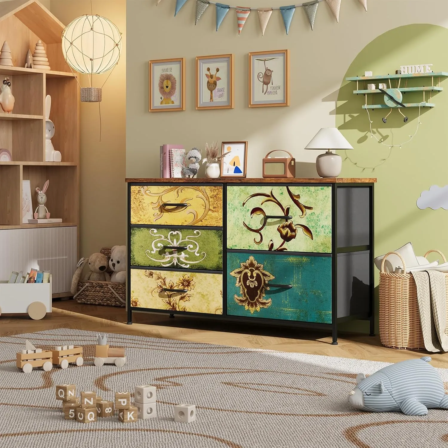 Nicehill 5 Drawers Dresser for Bedroom,Wide Chest of Drawers for Closet, Clothes, TV Stand with Storage Drawers, Wood Board, Fabric Drawers,Floral Painted