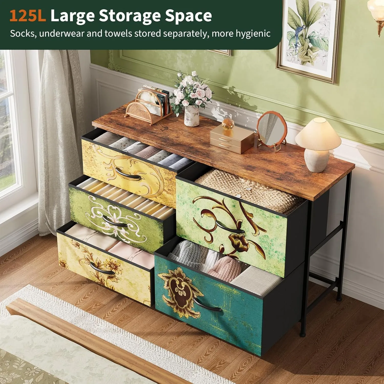 Nicehill 5 Drawers Dresser for Bedroom,Wide Chest of Drawers for Closet, Clothes, TV Stand with Storage Drawers, Wood Board, Fabric Drawers,Floral Painted