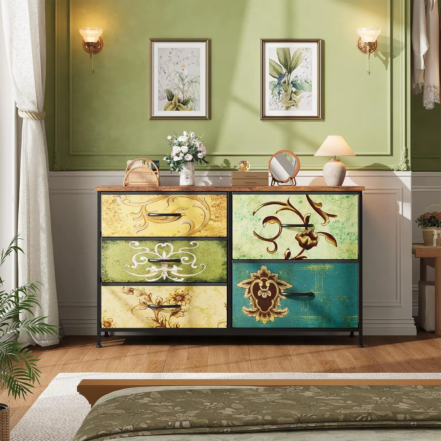 Nicehill 5 Drawers Dresser for Bedroom,Wide Chest of Drawers for Closet, Clothes, TV Stand with Storage Drawers, Wood Board, Fabric Drawers,Floral Painted