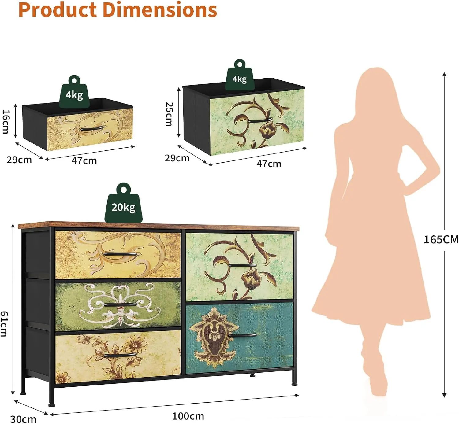 Nicehill 5 Drawers Dresser for Bedroom,Wide Chest of Drawers for Closet, Clothes, TV Stand with Storage Drawers, Wood Board, Fabric Drawers,Floral Painted