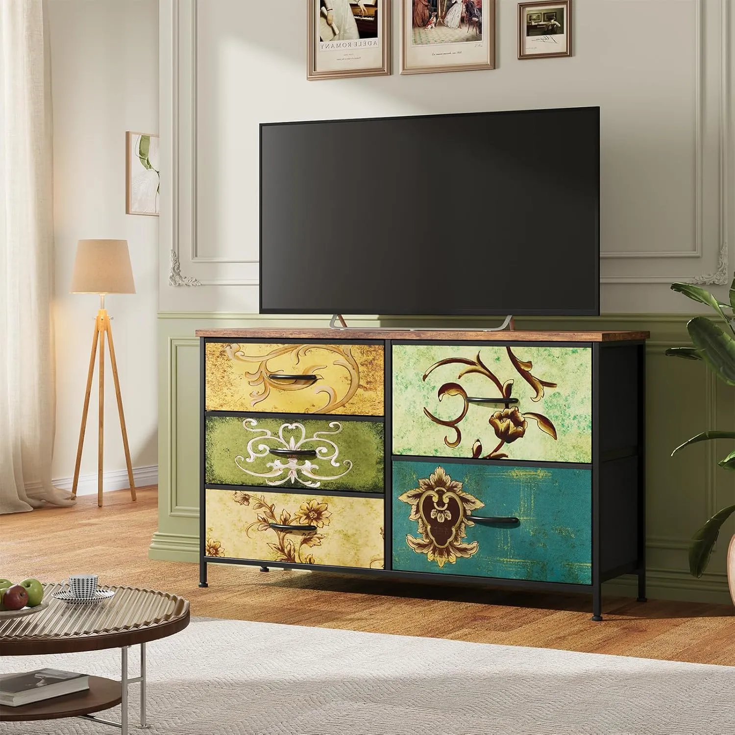 Nicehill 5 Drawers Dresser for Bedroom,Wide Chest of Drawers for Closet, Clothes, TV Stand with Storage Drawers, Wood Board, Fabric Drawers,Floral Painted