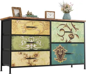 Nicehill 5 Drawers Dresser for Bedroom,Wide Chest of Drawers for Closet, Clothes, TV Stand with Storage Drawers, Wood Board, Fabric Drawers,Floral Painted