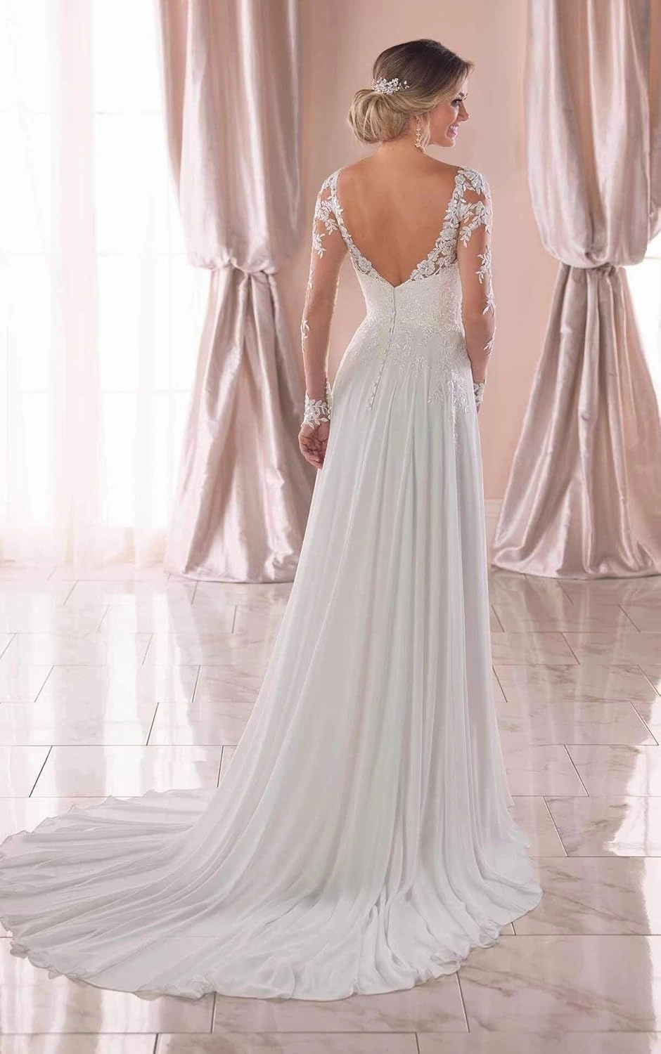 Noras dress Women's Classic Long Sleeves Wedding Dresses for Bride with Train V Neck Chiffon Wedding Bridal Gowns NO171