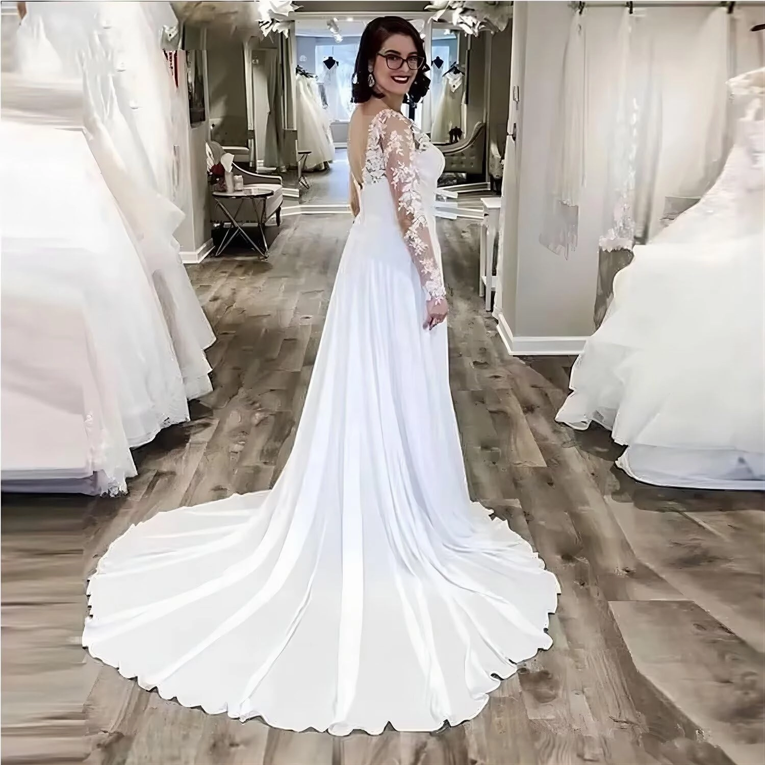 Noras dress Women's Classic Long Sleeves Wedding Dresses for Bride with Train V Neck Chiffon Wedding Bridal Gowns NO171