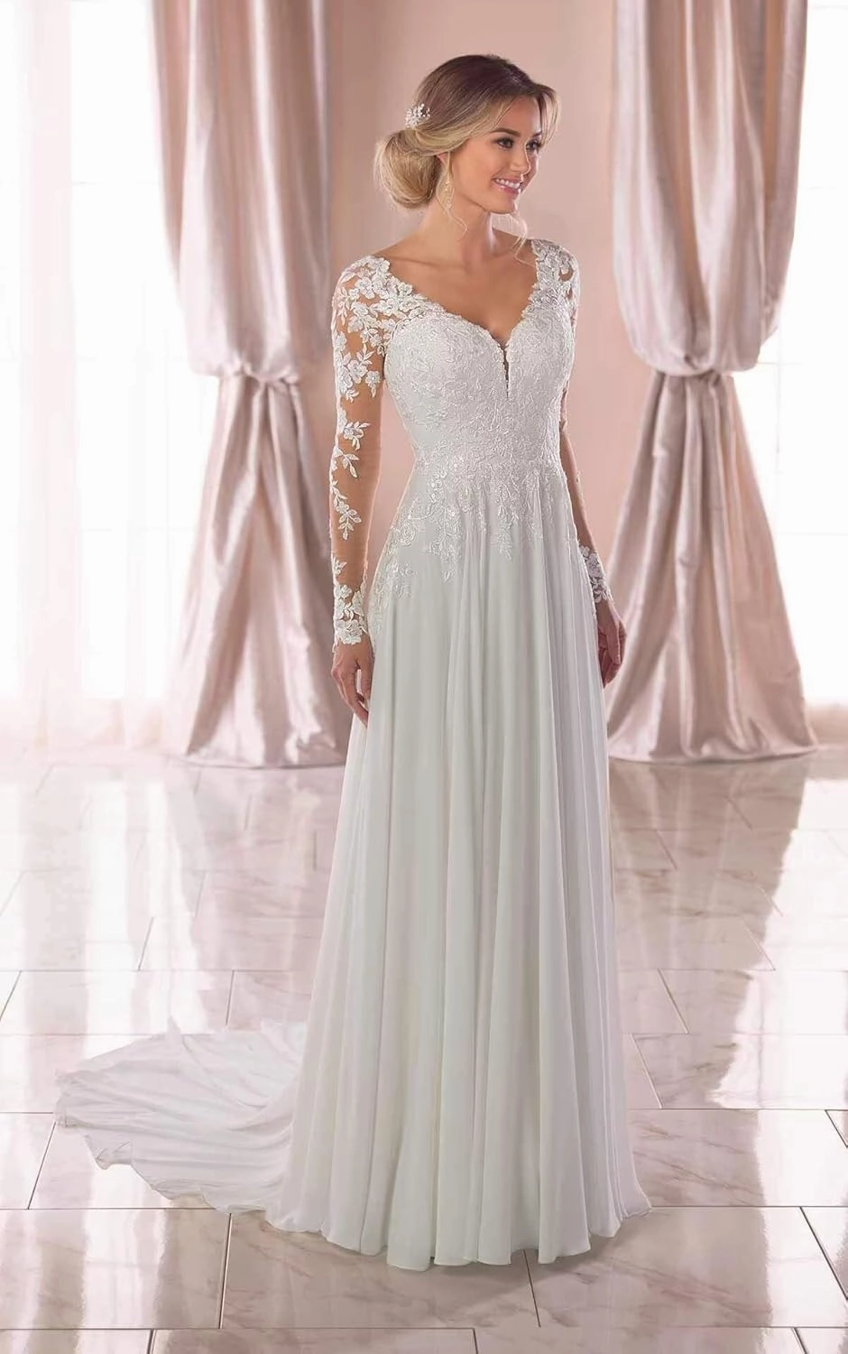 Noras dress Women's Classic Long Sleeves Wedding Dresses for Bride with Train V Neck Chiffon Wedding Bridal Gowns NO171