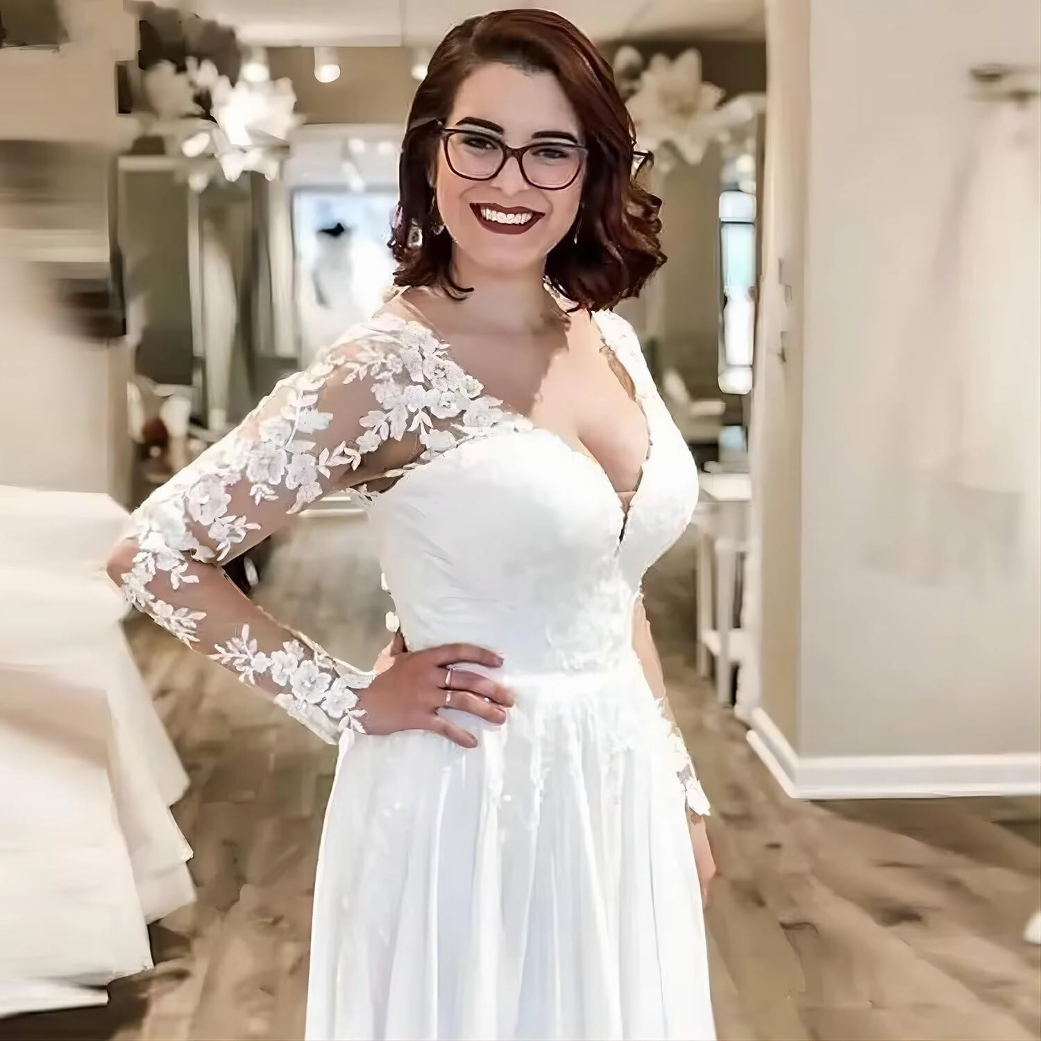 Noras dress Women's Classic Long Sleeves Wedding Dresses for Bride with Train V Neck Chiffon Wedding Bridal Gowns NO171