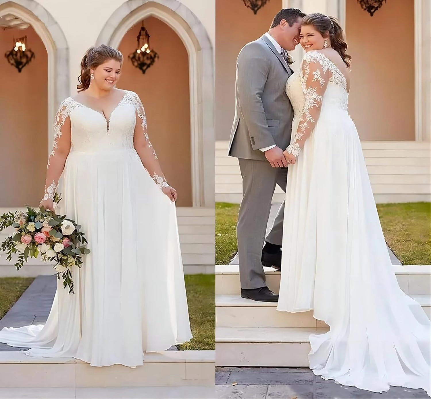 Noras dress Women's Classic Long Sleeves Wedding Dresses for Bride with Train V Neck Chiffon Wedding Bridal Gowns NO171
