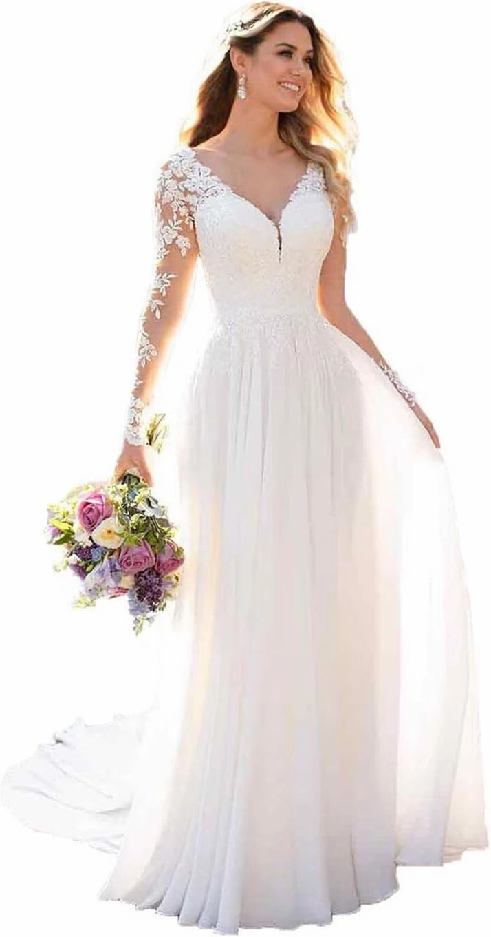 Noras dress Women's Classic Long Sleeves Wedding Dresses for Bride with Train V Neck Chiffon Wedding Bridal Gowns NO171