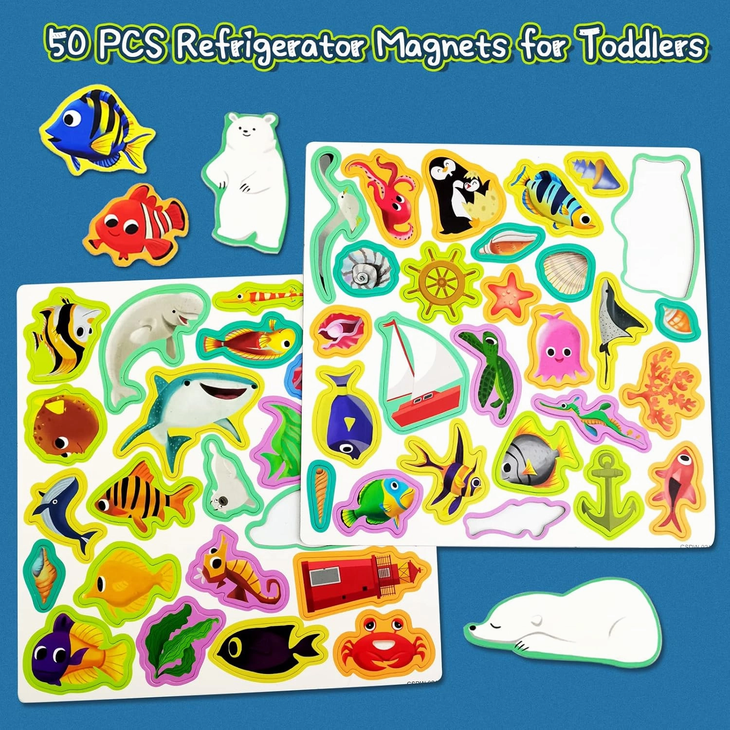 Ocean Animals Fridge Magnets for Kids, 50 PCS Refrigerator Magnets for Toddlers, Create a Scene Magnetic Play Sticker Book Travel Game Educational Toys for Kids (Ocean)