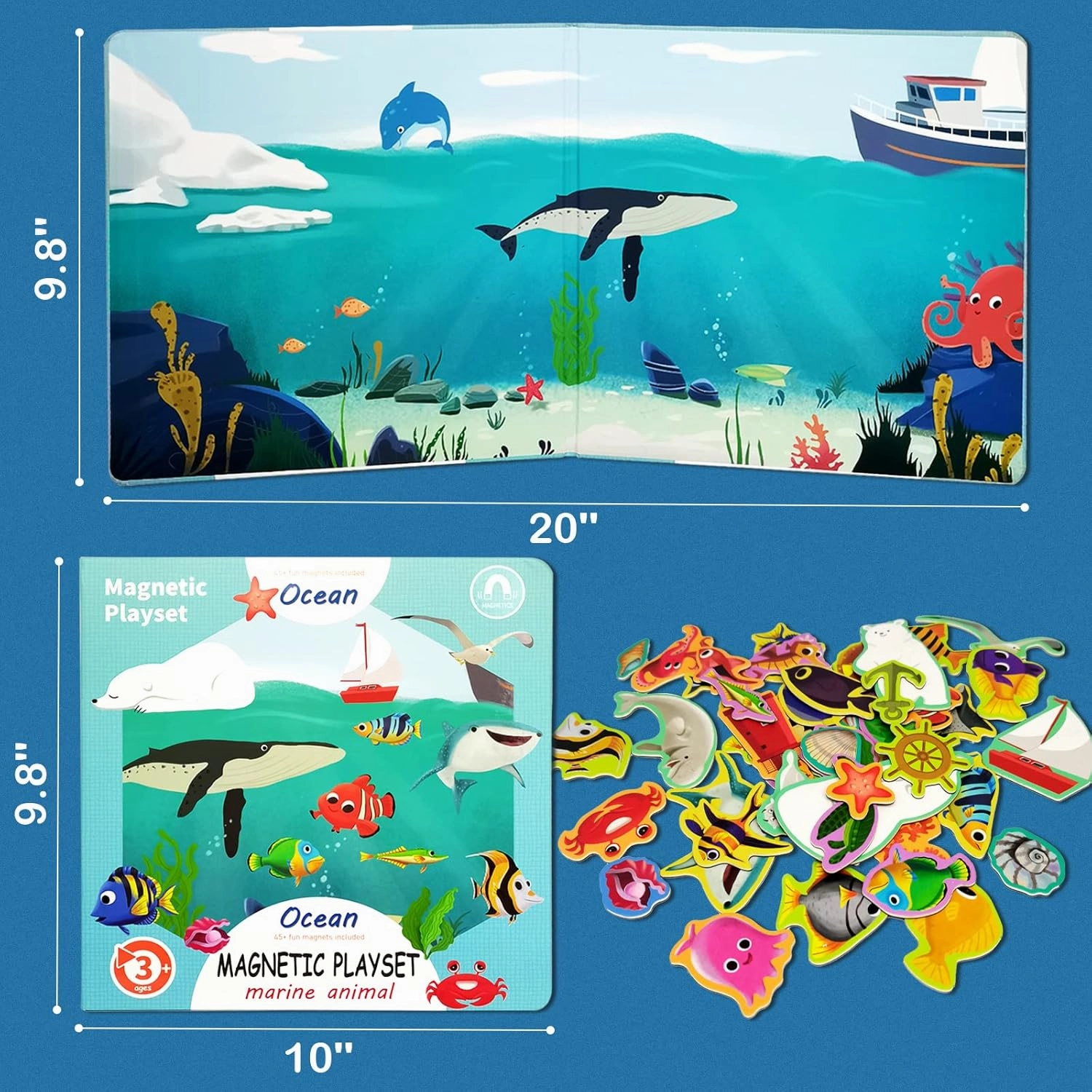 Ocean Animals Fridge Magnets for Kids, 50 PCS Refrigerator Magnets for Toddlers, Create a Scene Magnetic Play Sticker Book Travel Game Educational Toys for Kids (Ocean)