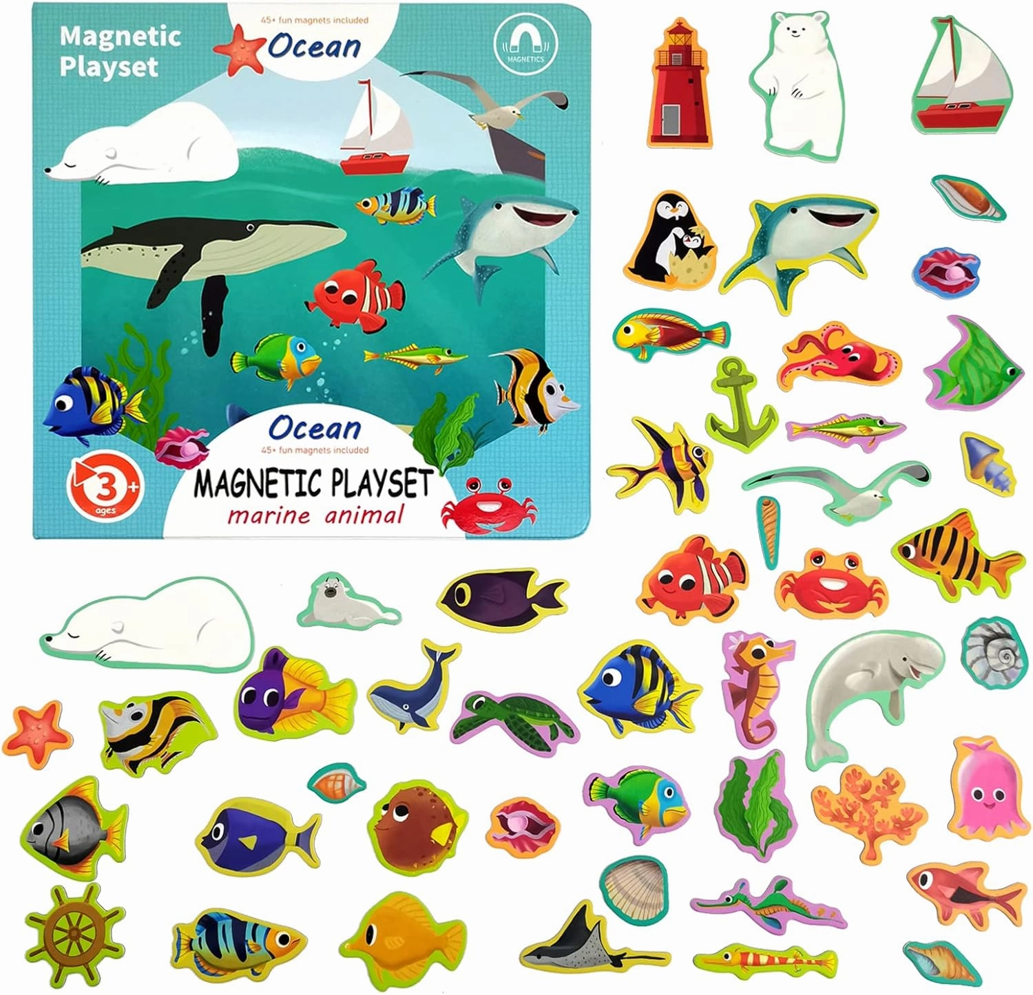 Ocean Animals Fridge Magnets for Kids, 50 PCS Refrigerator Magnets for Toddlers, Create a Scene Magnetic Play Sticker Book Travel Game Educational Toys for Kids (Ocean)