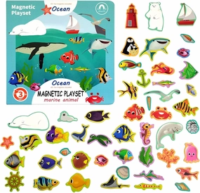 Ocean Animals Fridge Magnets for Kids, 50 PCS Refrigerator Magnets for Toddlers, Create a Scene Magnetic Play Sticker Book Travel Game Educational Toys for Kids (Ocean)