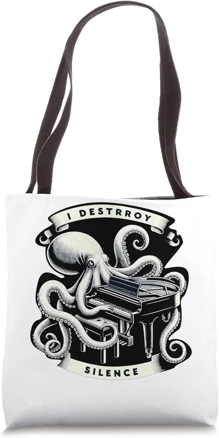 Octopus Playing Piano Retro I Destroy Silence Piano Tote Bag