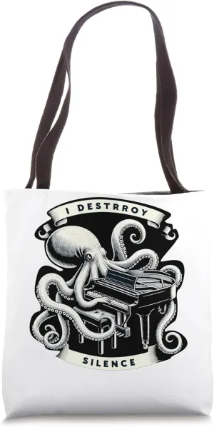 Octopus Playing Piano Retro I Destroy Silence Piano Tote Bag