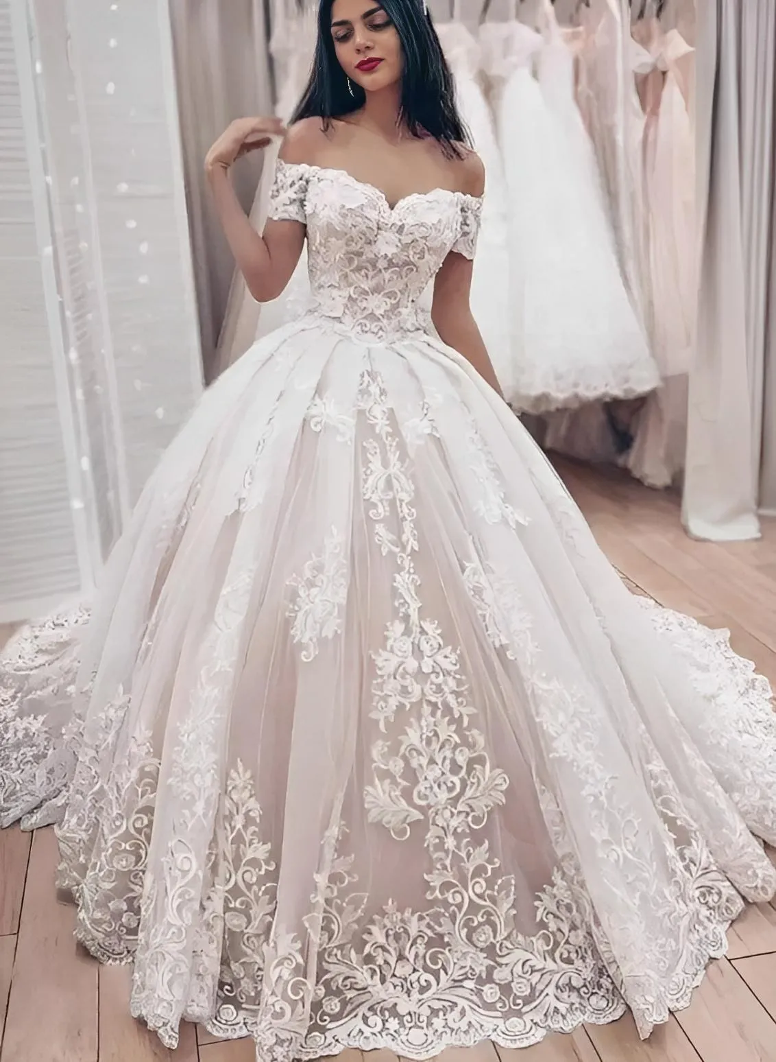 Off The Shoulder Ball Gown Lace Wedding Dress