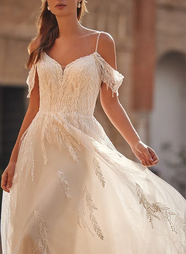 Off The Shoulder Sleeveless Tulle Wedding Dress With Appliques Lace