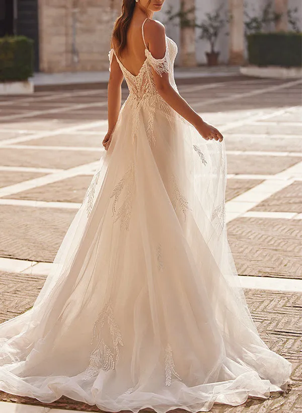 Off The Shoulder Sleeveless Tulle Wedding Dress With Appliques Lace