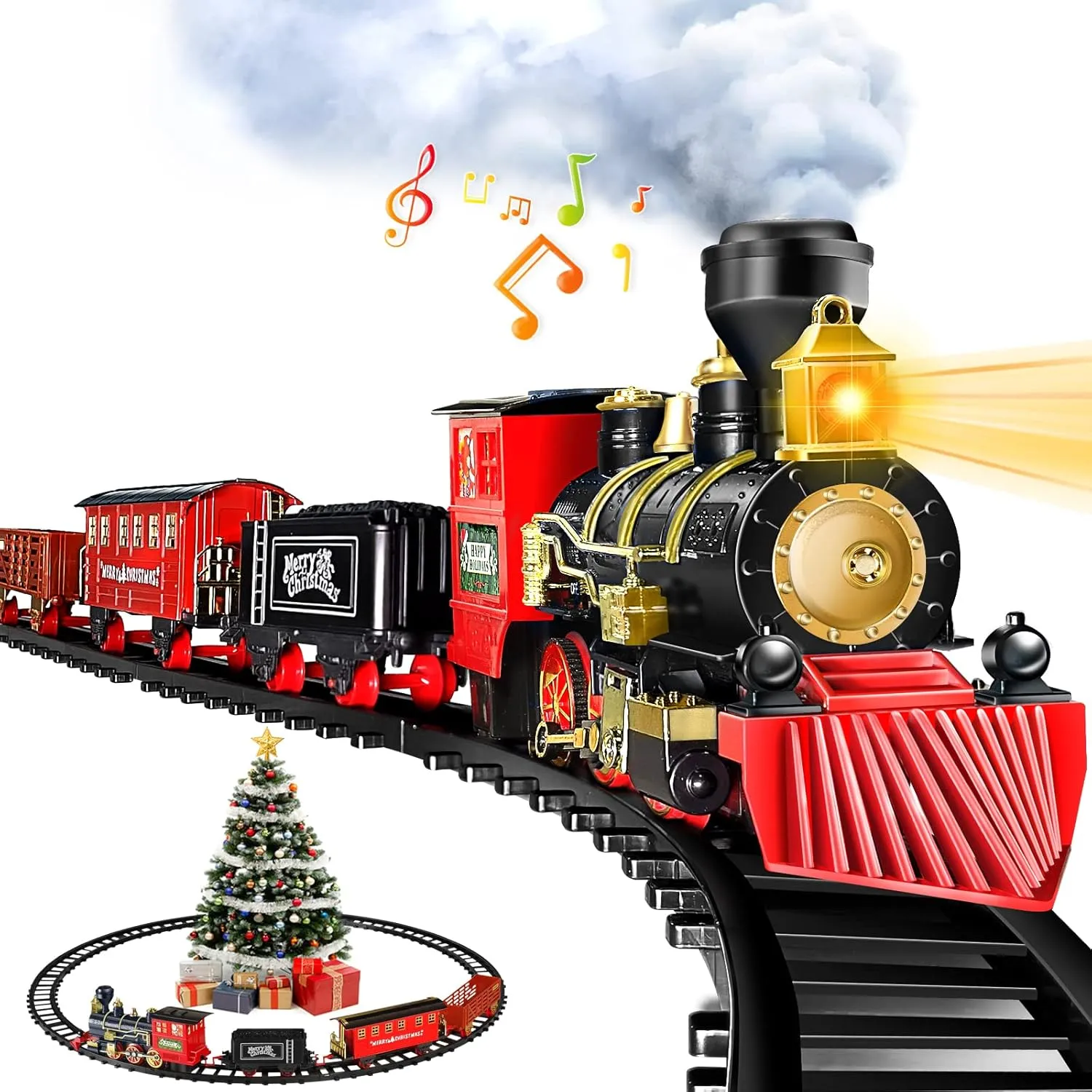 OleFun Train Set, Electric Train with Water Steam, Sounds & Lights, Model Christmas Train Set for Under The Tree, Railway Kit Gifts for 3, 4, 5, 6, 7, 8  Year Old Boys & Girls
