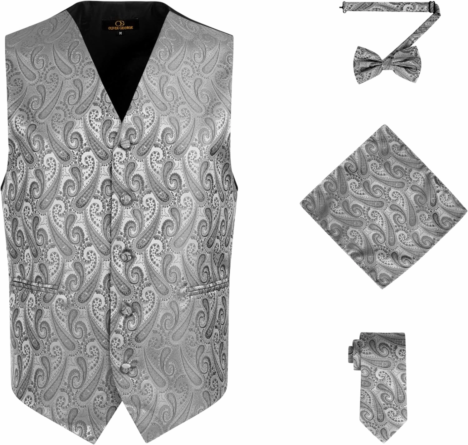 Oliver George Men's 4pc Paisley Design Waistcoat Tuxedo Dress Vest Necktie Bowtie Handkerchief Set for Suit or Tuxedo