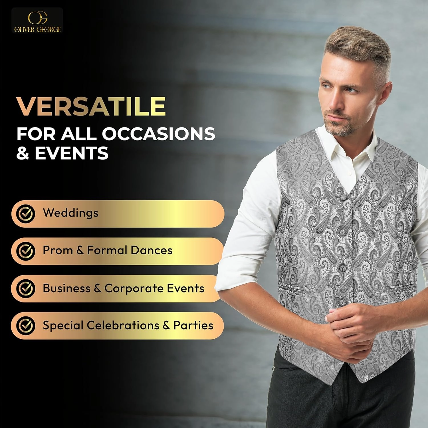 Oliver George Men's 4pc Paisley Design Waistcoat Tuxedo Dress Vest Necktie Bowtie Handkerchief Set for Suit or Tuxedo