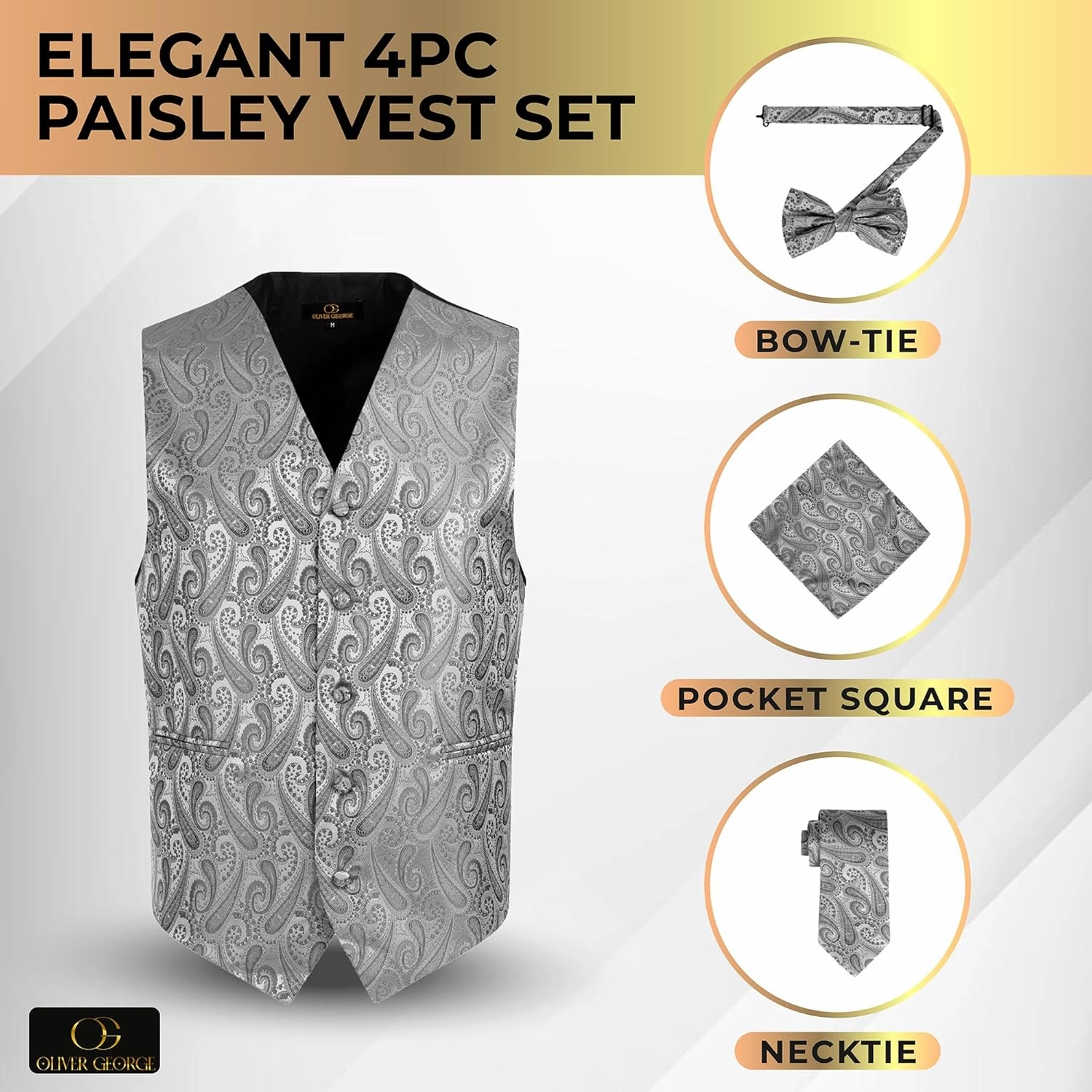 Oliver George Men's 4pc Paisley Design Waistcoat Tuxedo Dress Vest Necktie Bowtie Handkerchief Set for Suit or Tuxedo