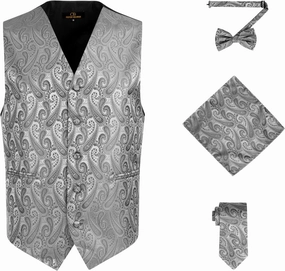 Oliver George Men's 4pc Paisley Design Waistcoat Tuxedo Dress Vest Necktie Bowtie Handkerchief Set for Suit or Tuxedo