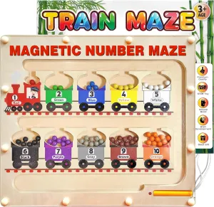Panda Brothers Magnetic Color and Number Maze with Long Pen Handle, Color Learning Busy Board for Kids, Wooden Montessori, Fine Motor Skills and Educational Toys, Magnetic Maze Toys for Toddlers 1-3