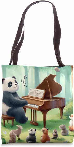 Panda Playing Piano In A Forest. Animals Music Gathered Tote Bag