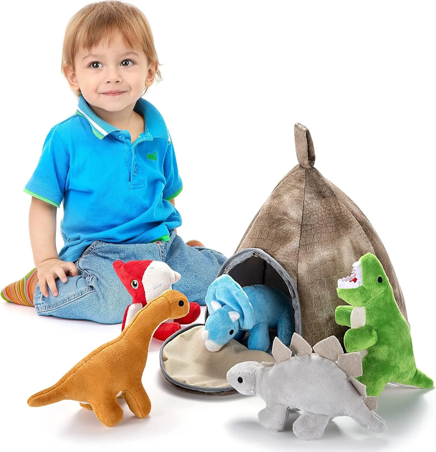 PASSIONFRUIT Stuffed Toy Dinosaur Animal Set – Set of 5 Dino Stuff Toy for Toddlers – with Volcano Zipper Carry Bag – Bright & Vibrant Plush Toy Set – Stuffed Dinosaur Toy for Kids –Easy to Carry