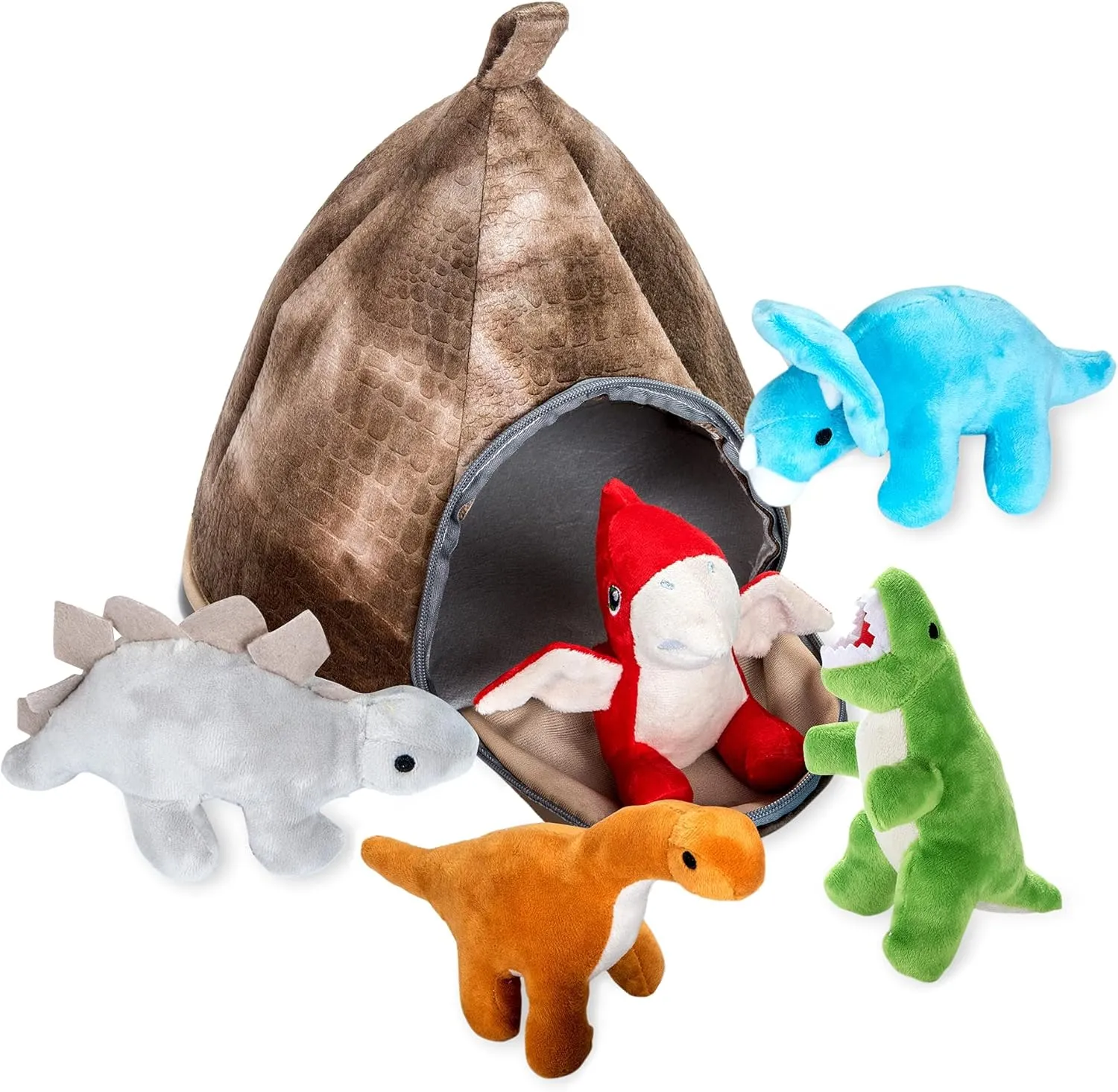 PASSIONFRUIT Stuffed Toy Dinosaur Animal Set – Set of 5 Dino Stuff Toy for Toddlers – with Volcano Zipper Carry Bag – Bright & Vibrant Plush Toy Set – Stuffed Dinosaur Toy for Kids –Easy to Carry
