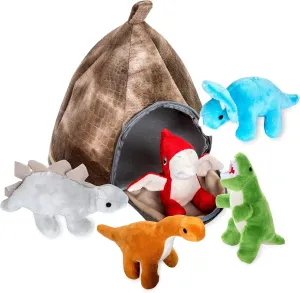 PASSIONFRUIT Stuffed Toy Dinosaur Animal Set – Set of 5 Dino Stuff Toy for Toddlers – with Volcano Zipper Carry Bag – Bright & Vibrant Plush Toy Set – Stuffed Dinosaur Toy for Kids –Easy to Carry
