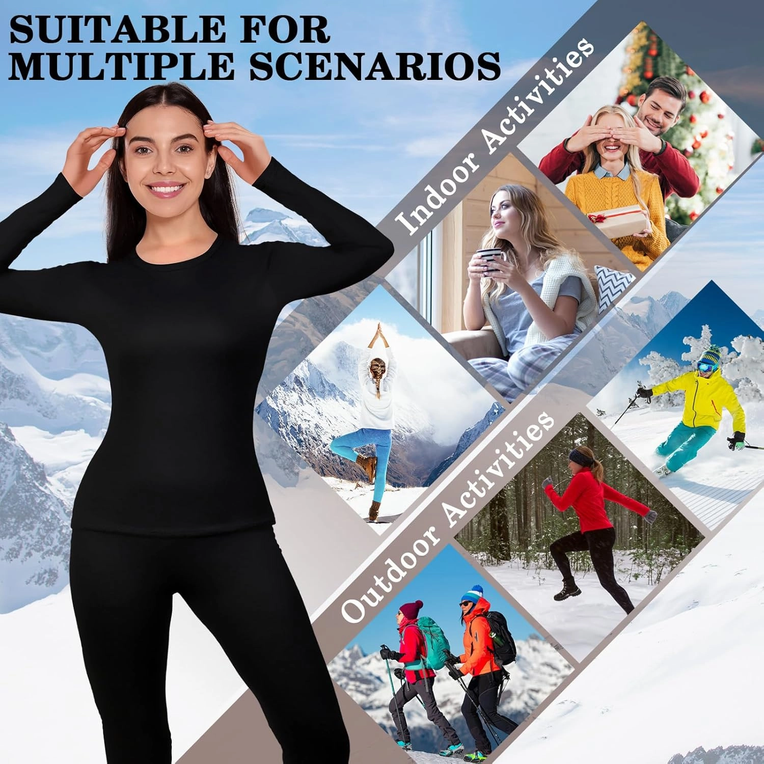 Patelai 2 Set Thermal Underwear Warm Fleece Lined Thermal Leggings and Womens Thermal Tops Base Layer for Winter Cold Weather