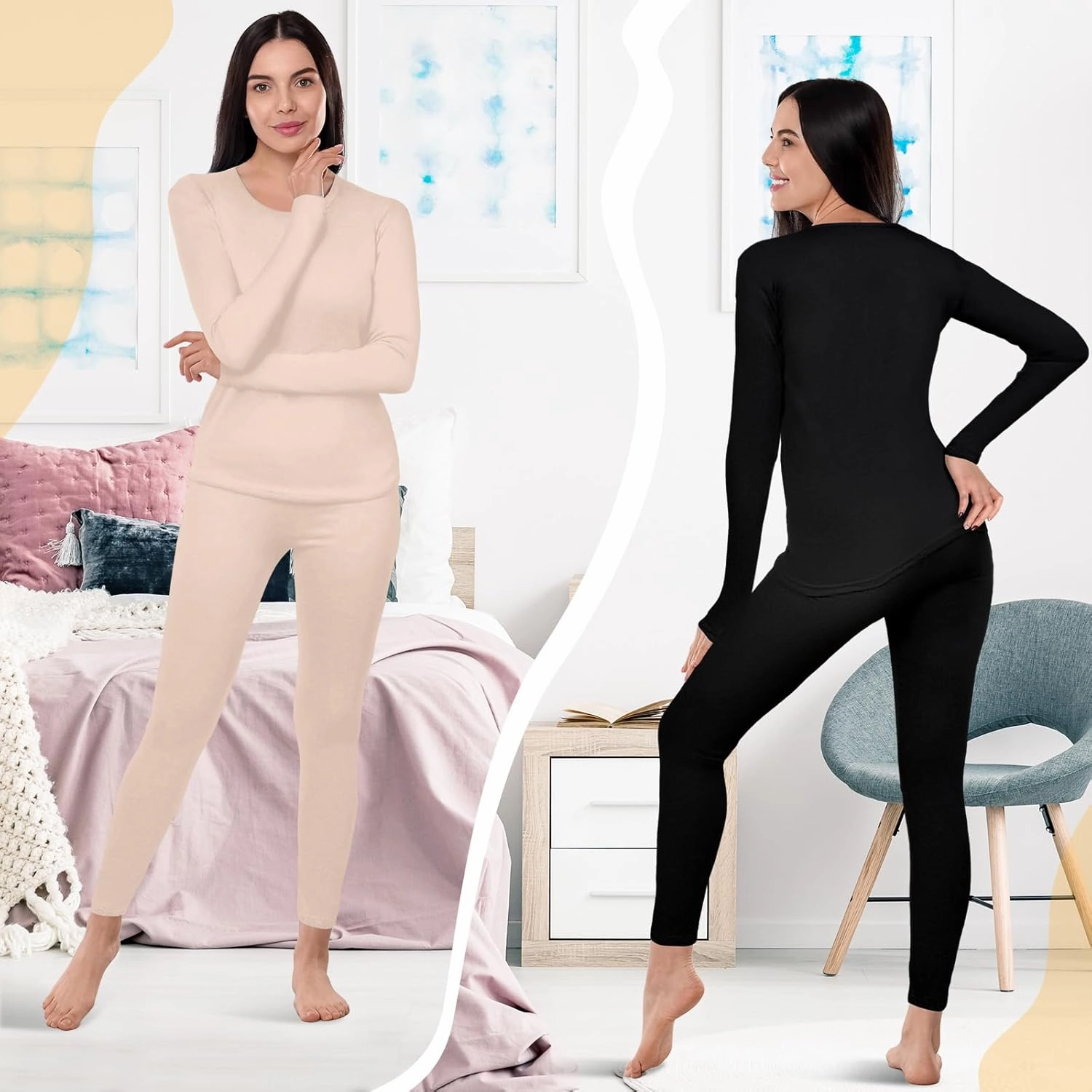 Patelai 2 Set Thermal Underwear Warm Fleece Lined Thermal Leggings and Womens Thermal Tops Base Layer for Winter Cold Weather