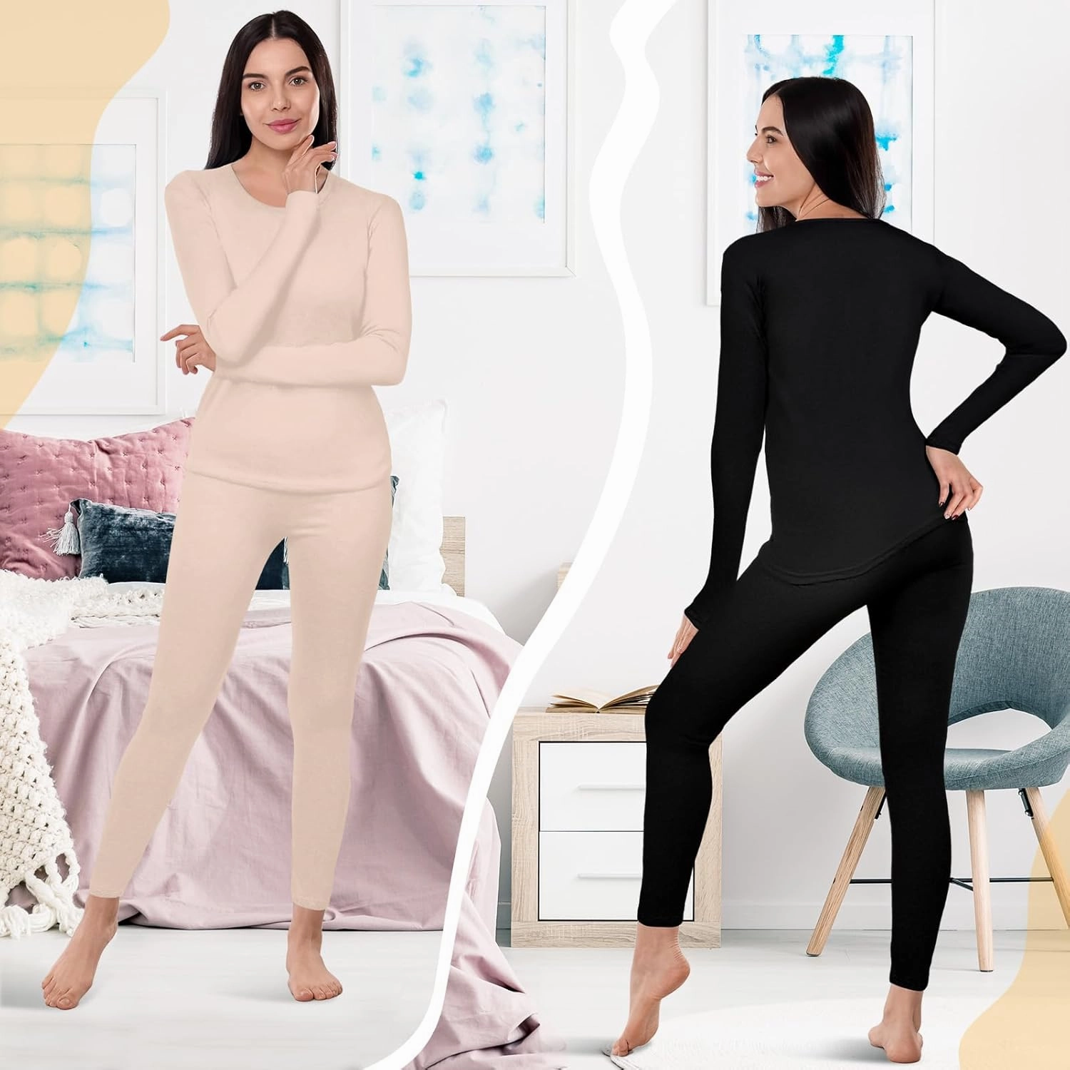 Patelai 2 Set Thermal Underwear Warm Fleece Lined Thermal Leggings and Womens Thermal Tops Base Layer for Winter Cold Weather