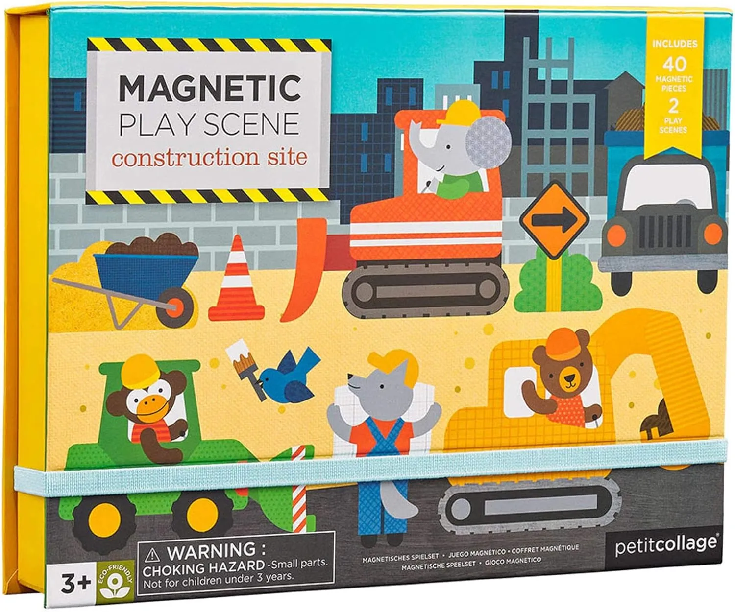 Petit Collage Magnetic Play Scene, Construction Site – Magnetic Game Board with Mix and Match Magnetic Animal Friends, Ideal for Ages 3  – Includes 2 Scenes and 40 Magnet Pieces
