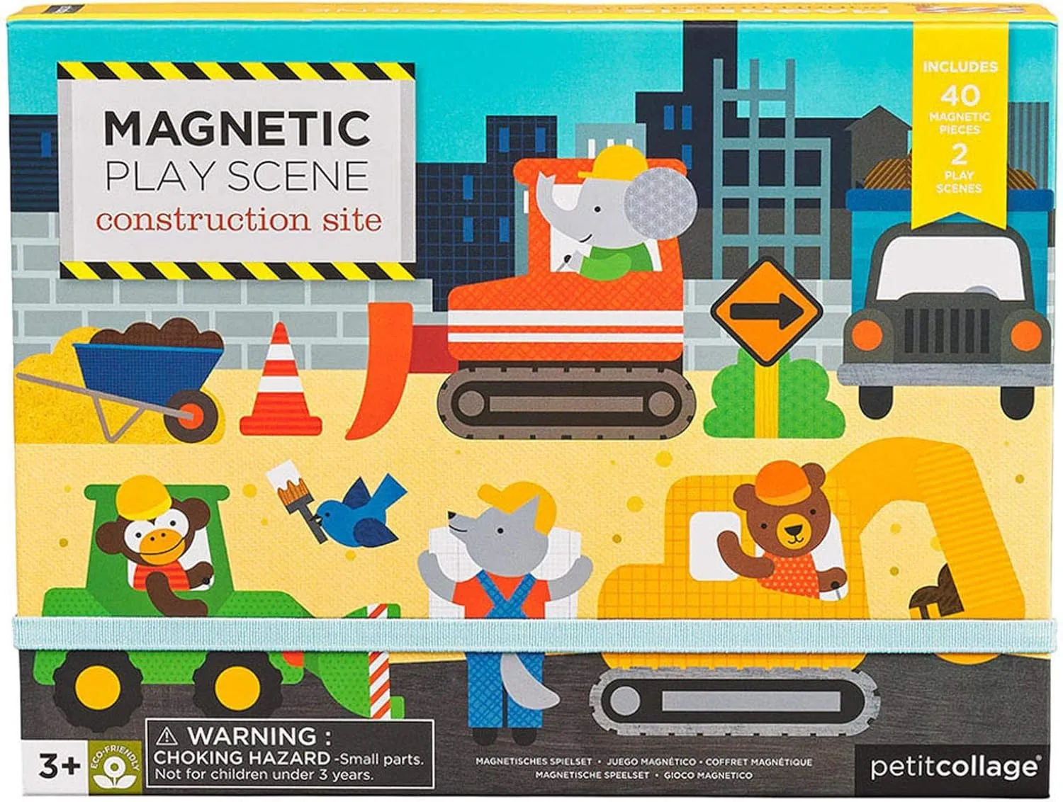 Petit Collage Magnetic Play Scene, Construction Site – Magnetic Game Board with Mix and Match Magnetic Animal Friends, Ideal for Ages 3  – Includes 2 Scenes and 40 Magnet Pieces