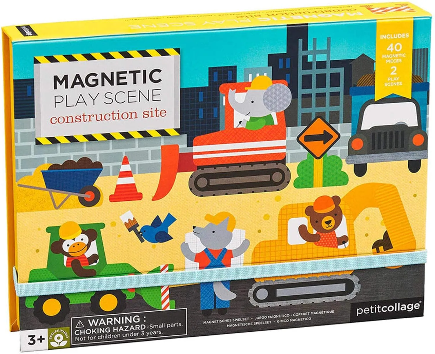 Petit Collage Magnetic Play Scene, Construction Site – Magnetic Game Board with Mix and Match Magnetic Animal Friends, Ideal for Ages 3  – Includes 2 Scenes and 40 Magnet Pieces