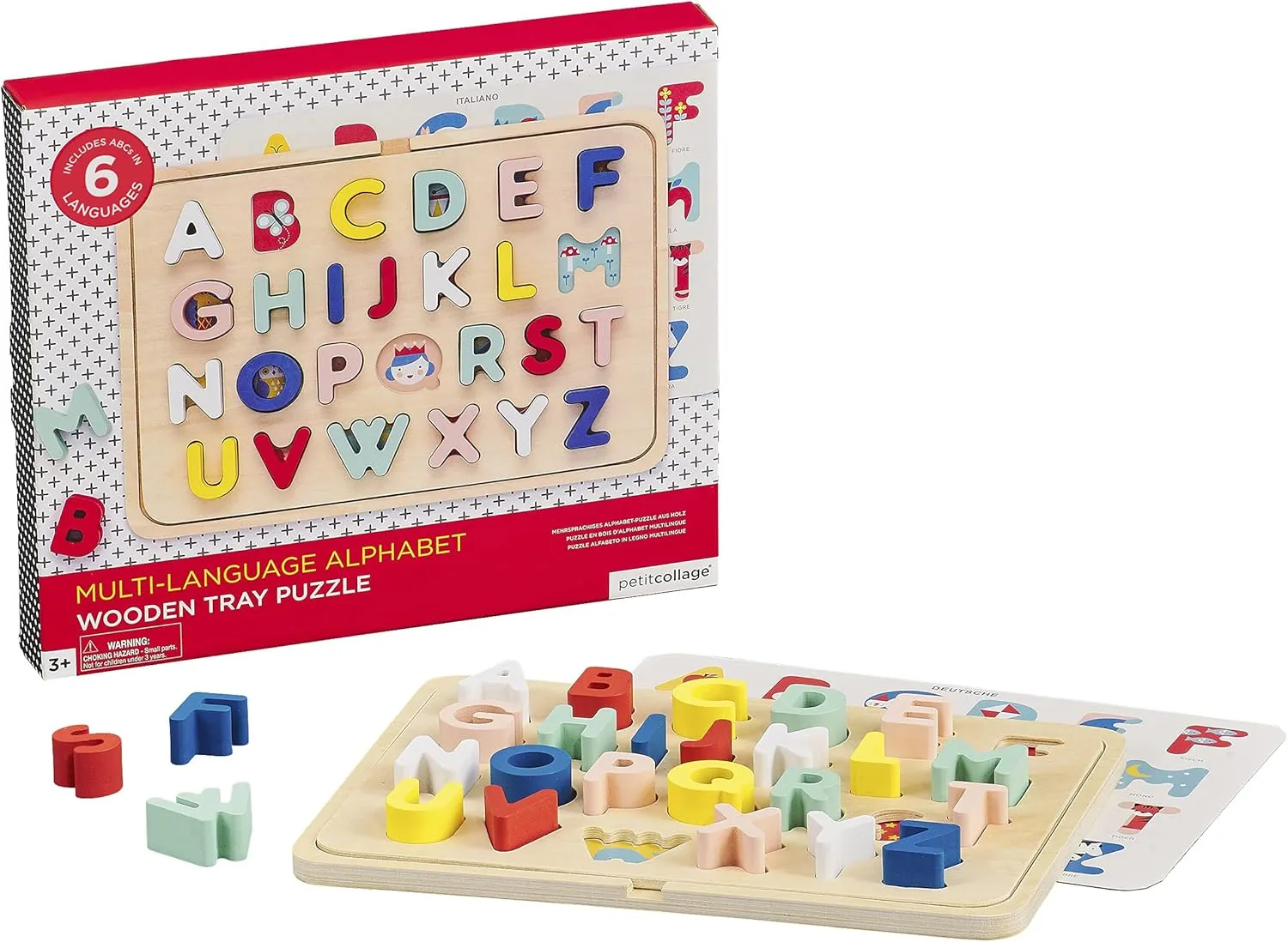 Petit Collage Multi-Language Alphabet Wooden Jigsaw Tray Puzzle – ABC Puzzle with 26 Letter Pieces and 4 Icon Sheets, Language Development Toys in English, French, Italian & German, Ideal for Ages 3 
