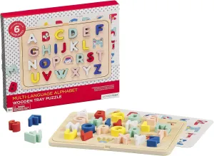 Petit Collage Multi-Language Alphabet Wooden Jigsaw Tray Puzzle – ABC Puzzle with 26 Letter Pieces and 4 Icon Sheets, Language Development Toys in English, French, Italian & German, Ideal for Ages 3 